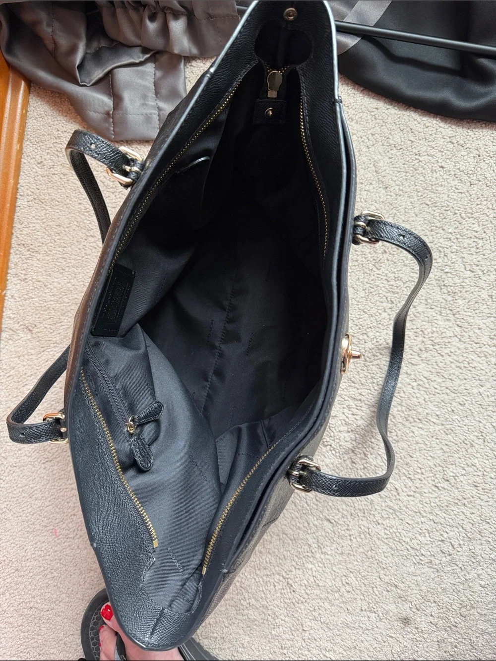 Coach Black Leather Tote with Gold-Tone Tag and Turnlock